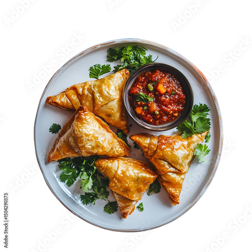 Crispy Samosas with Spicy Dipping Sauce isolated on transparent background