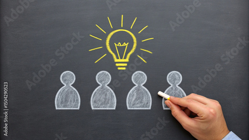 Hand drawing people under a lightbulb on a blackboard representing teamwork and creative ideas