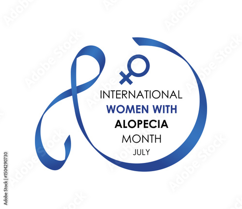 Illustration on the theme of International Women with Alopecia Month Empowering Confidence, Breaking Stigmas, Celebrating Strength. Blue ribbon with Realistic ribbon Banner poster background design.