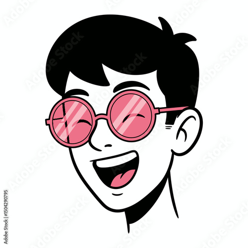Joyful Cartoon Boy with Pink Round Sunglasses A Happy Vector Illustration