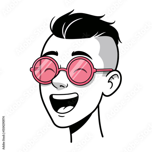 Joyful Cartoon Illustration Happy Young Man with Pink Sunglasses