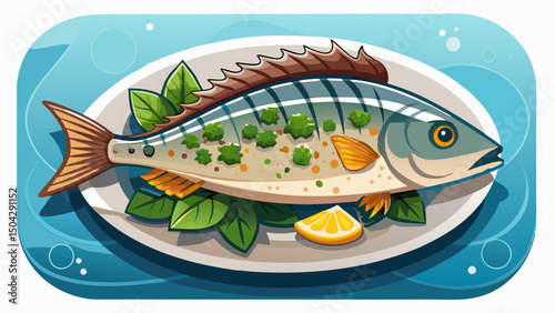 A fresh fish fillet garnished with finely chopped herbs rests elegantly on a clean white plate. The minimalistic kitchen setting enhances the presentation, perfect for culinary arts, gourmet style, an