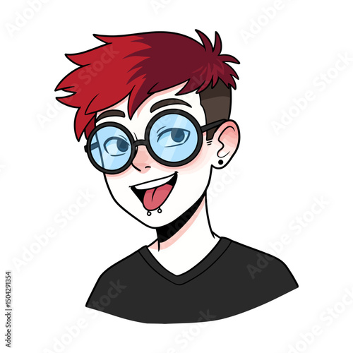Cheerful Cartoon Illustration of a Young Person with Red Hair and Glasses