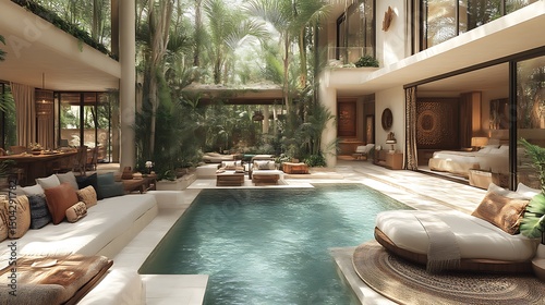 Luxurious open air villa with a pool and abundant greenery