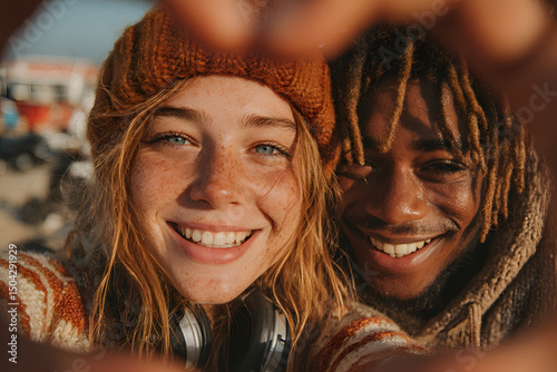 Close-up selfie of a happy young couple smiling at the camera in warm sunlight, capturing a moment of joy, love, and carefree youth with a natural and spontaneous vibe.
