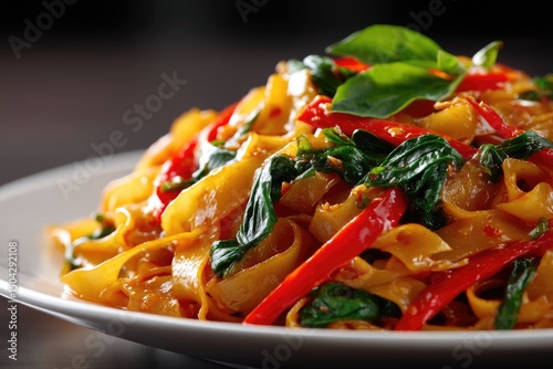 Close up of a plate of stir-fried noodles with vegetables.