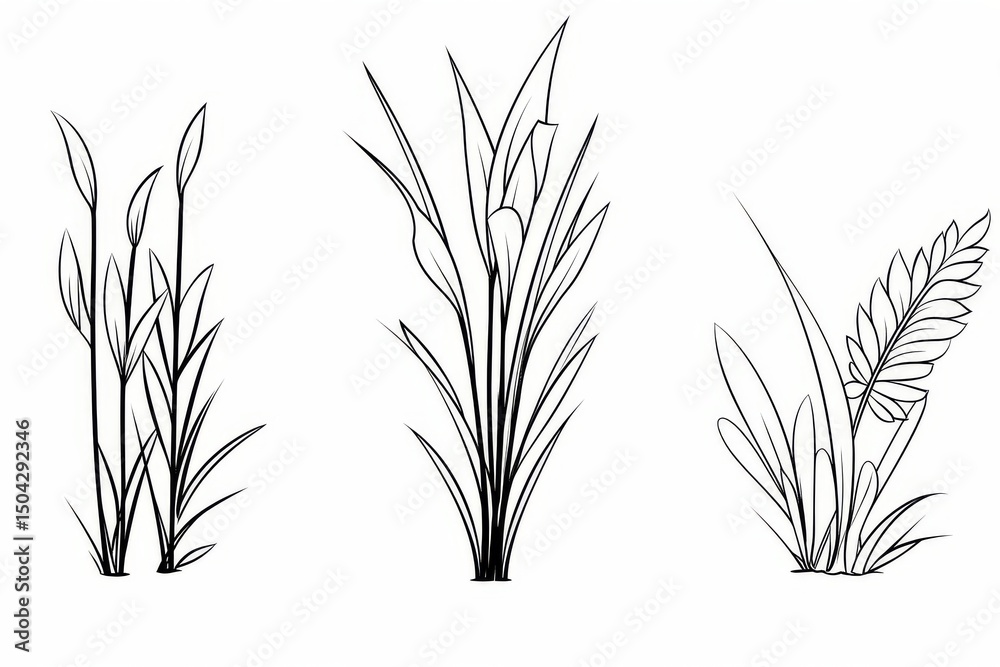Fototapeta premium Three simple black and white grass outlines for coloring book, clean line art with no shading.