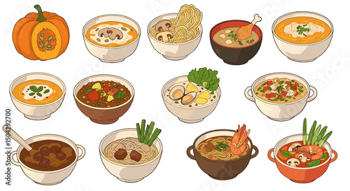 Assorted soup and noodle dishes illustration