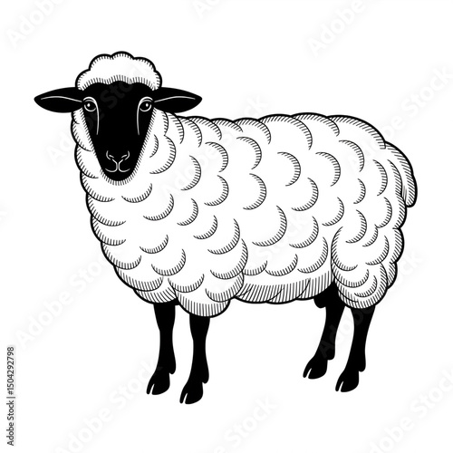 A black and white sheep illustration line art of a coloring page 