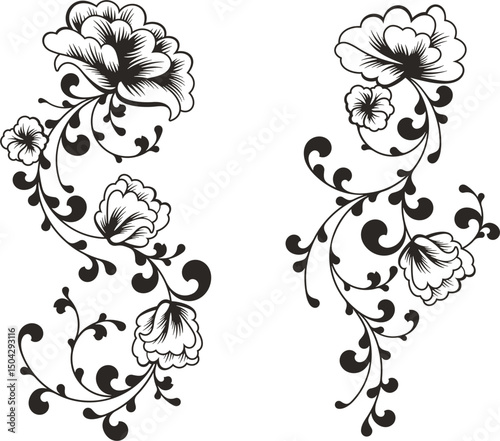 Floral vector ornaments luxury set with flowers, leaves and swirls in traditional Chinese style. Exquisite romantic designs for wedding decorations, invitations, greeting cards, embroidery. 