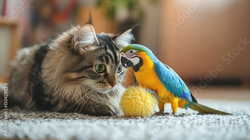 Cat and parrot playing with a toy