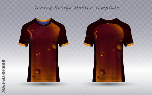 Sports jersey template with a brown-to-orange gradient, featuring scattered bubble-like circular patterns. Contrasting blue collar and orange sleeve cuffs add a dynamic touch, ideal for custom sports
