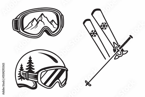 Ski resort vector illustration with skiers and ski equipment icons set