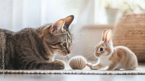 Cat and rabbit playing with string toys