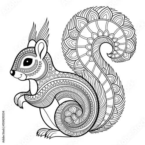 A black and white mandala squirrel design illustration line art of a coloring page 