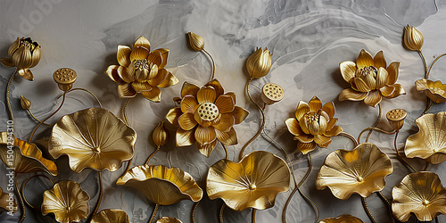 Elegant 3D Floral Background with Golden Lotus and Stucco Stems & Leaves