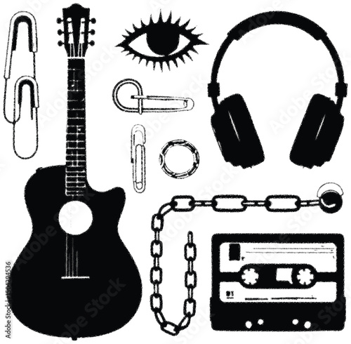 A vibrant vector set of isolated musical instruments including rock guitars, bass, and string instruments for your band