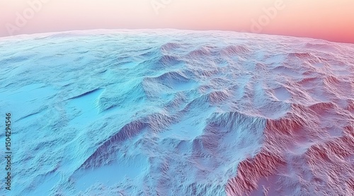 A vibrant, ethereal landscape of towering mountains, bathed in pastel hues of blue and pink