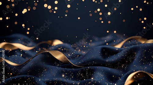 Luxurious navy blue fabric draped in elegant gold ribbons, scattered with golden glitter