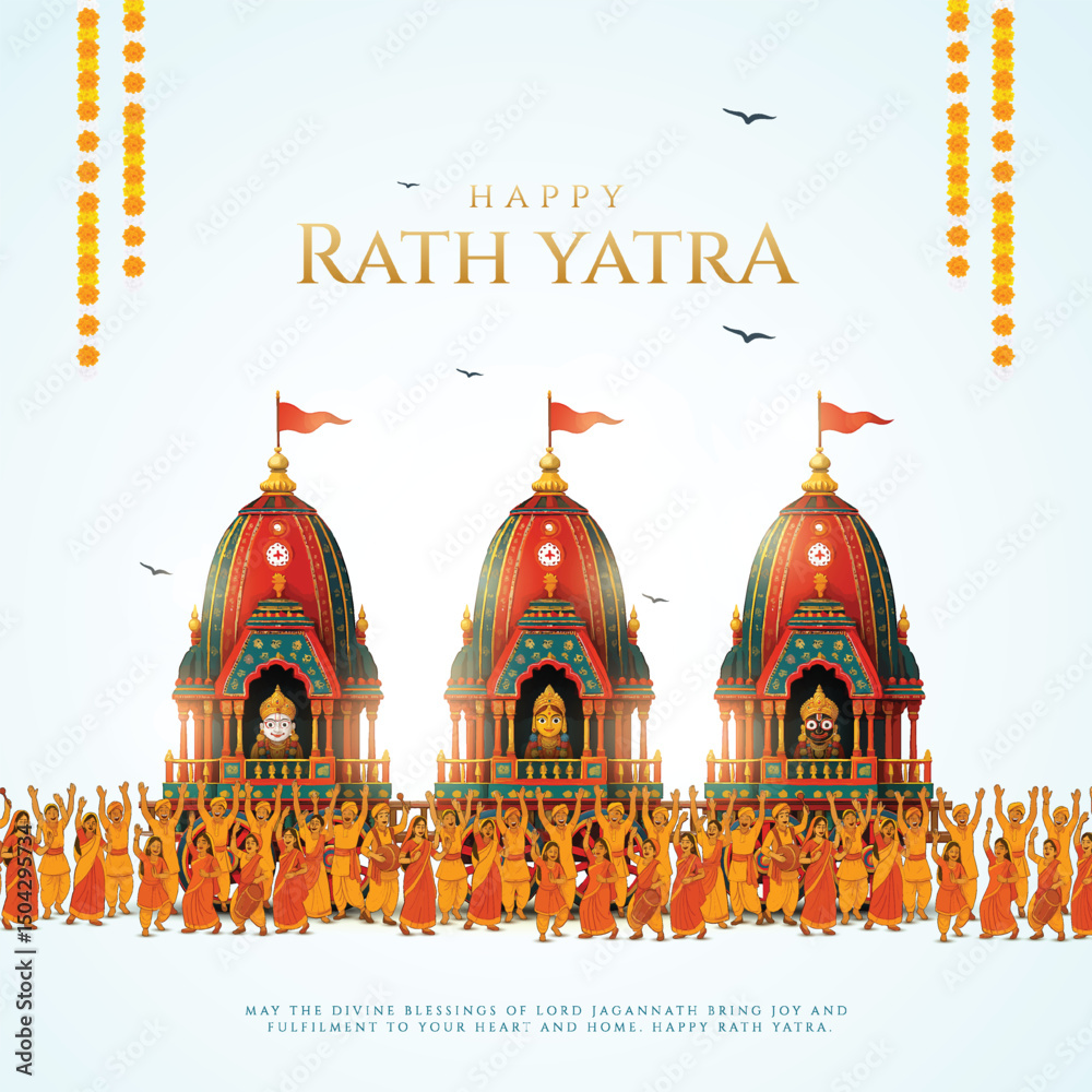 Fototapeta premium Indian festival Ratha Yatra of Lord Jagannath, Balabhadra and Subhadra on Chariot with people. new abstract vector illustration design. Rath Yatra Lord Jagannath festival Holiday background.