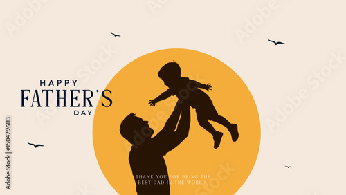 Happy Father's Day with dad and children silhouettes. Vector greeting card with a nice message of Father's Day. Happy Father's day greeting illustration.