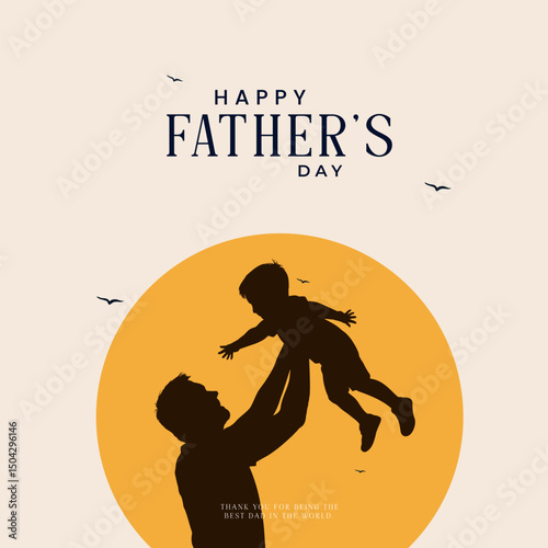 Happy Father's Day with dad and children silhouettes. Vector greeting card with a nice message of Father's Day. Happy Father's day greeting illustration.