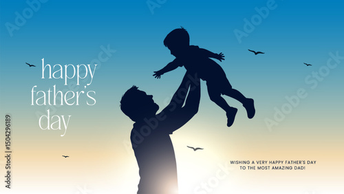 Happy Father's Day with dad and children silhouettes. Vector greeting card with a nice message of Father's Day. Happy Father's day greeting illustration.