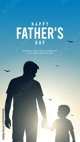 Happy Father's Day with dad and children silhouettes. Vector greeting card with a nice message of Father's Day. Happy Father's day greeting illustration.