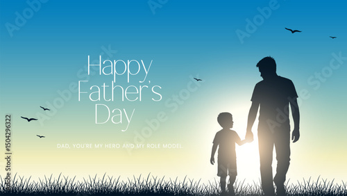 Happy Father's Day with dad and children silhouettes. Vector greeting card with a nice message of Father's Day. Happy Father's day greeting illustration.