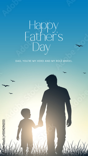 Happy Father's Day with dad and children silhouettes. Vector greeting card with a nice message of Father's Day. Happy Father's day greeting illustration.