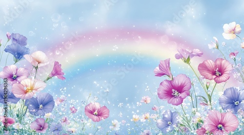 Pastel flowers and rainbow in a dreamy garden