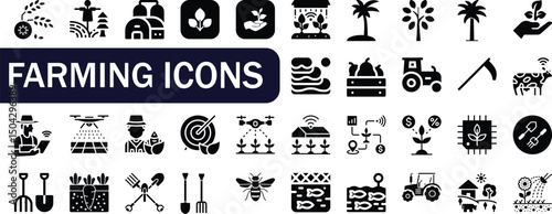 Farming icons glyph style agriculture technology set