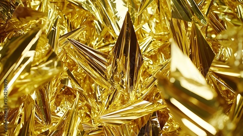 Sophisticated gold foil with a polished, reflective surface that catches the light, creating an impression of luxury and high-end design with delicate surface details