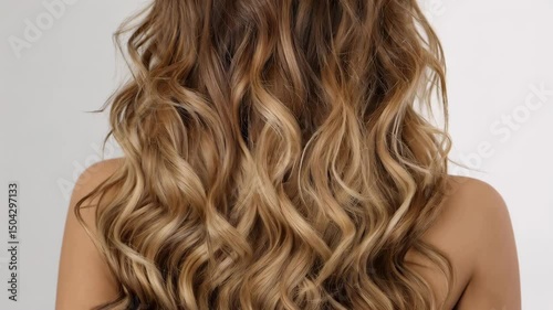 Elegant woman with long, wavy, ombre-colored hair from dark roots to golden blonde ends, seen from behind against a clean white background.
