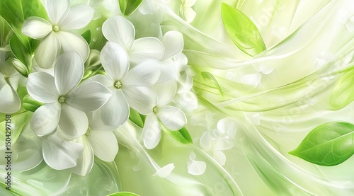 Delicate white flowers on flowing green fabric