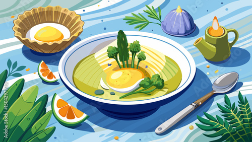 Gourmet asparagus velouté showcases a perfectly seared scallop topped with golden yolk and delicate herbs, all in a minimalist presentation. A luxurious dining setup with refined tableware completes t