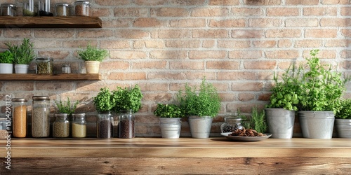 Fototapeta Naklejka Na Ścianę i Meble -  Rustic kitchen herbs spices wooden shelves brick wall