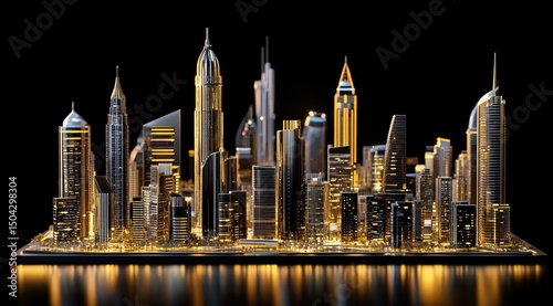 Modern city skyline at night, illuminated skyscrapers