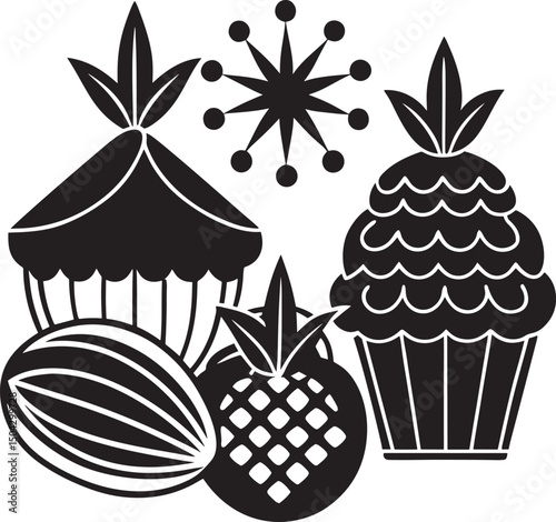 A sweet set of vector birthday dessert illustrations with chocolate, strawberry, and cherry cream cupcakes, muffins, and cakes