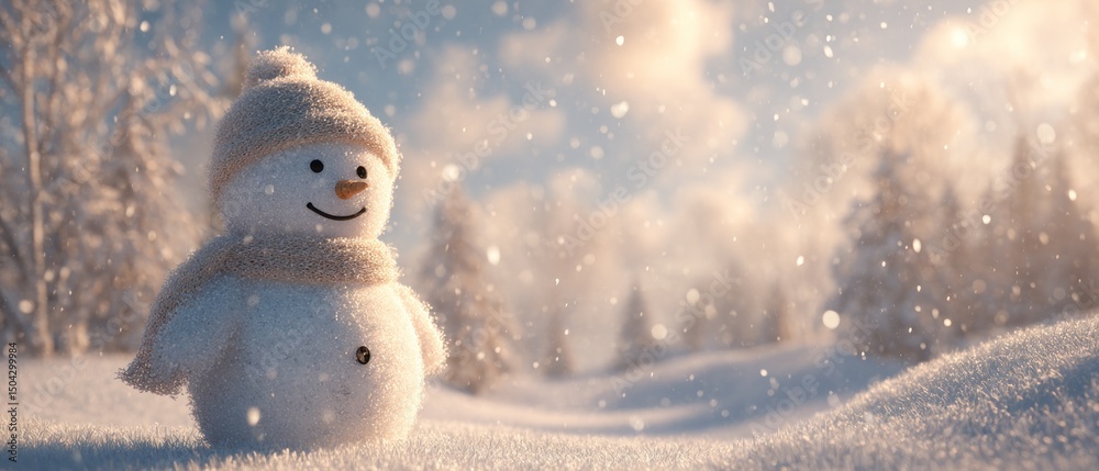 Obraz premium Happy Snowman in Winter Landscape - Sunlight and Bokeh Effect Background