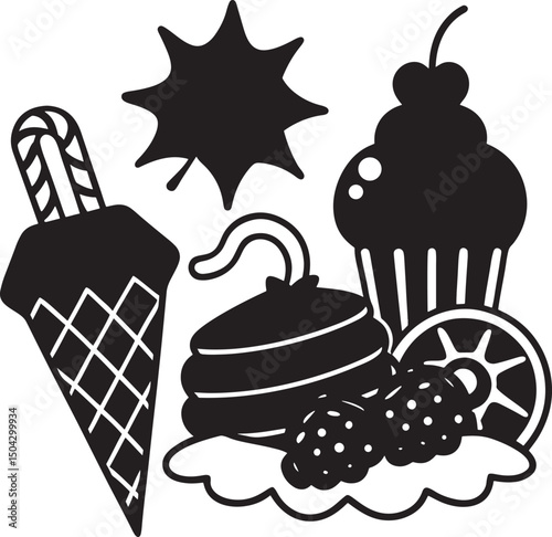 A sweet set of vector birthday dessert illustrations with chocolate, strawberry, and cherry cream cupcakes, muffins, and cakes