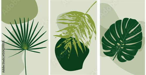 Set of modern boho abstract posters, palm leaves