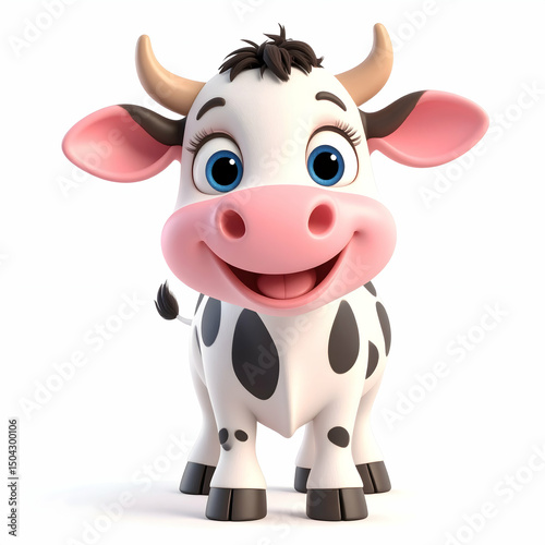 Joyful Bovine: A cheerful cartoon cow with an infectious smile and adorable features.  A charming portrait of a content bovine, exuding pure delight.