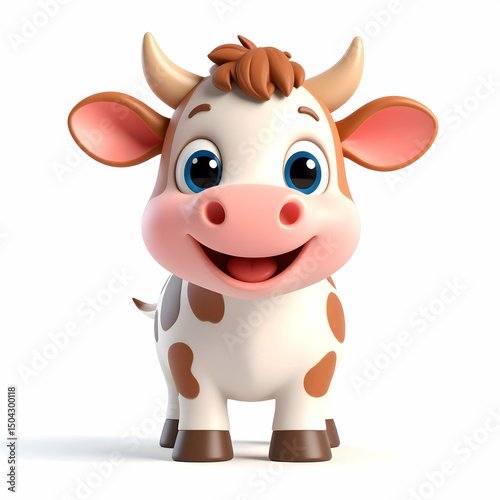 Cute Cartoon Cow: A charming illustration of a delightful cartoon cow, radiating cheerfulness with a captivating smile and playful eyes. This endearing bovine, set against a simple backdrop.
