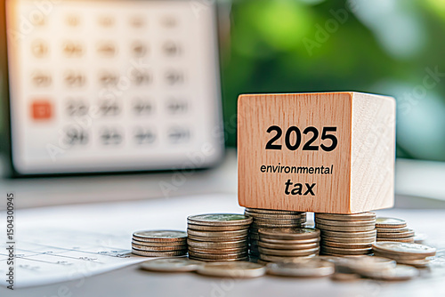 Minimalist background for decorating with wooden cubes and coins, text 2025 on a cube, and a calendar near a stack of coins on a table