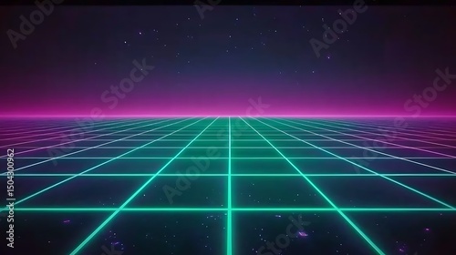 A futuristic glowing grid in bright neon colors like teal and magenta, seamlessly placed on a dark, sleek surface with smooth, glowing edges creating a sci-fi inspired aesthetic