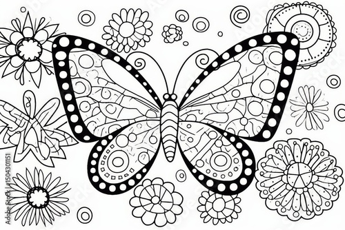 Simple coloring page with cartoon butterflies and flowers, large clear areas for kids' drawings, black lines on white background