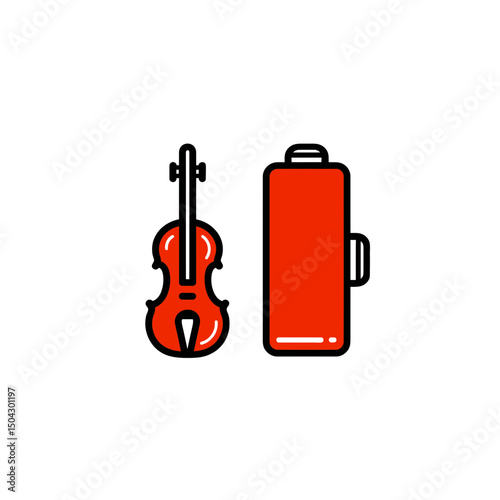 Red violin rests near vibrant case music icons