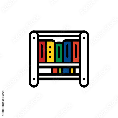 Colorful books stand vertically within graphic bookshelf illustration