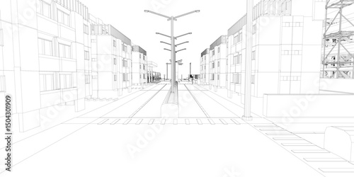 A street scene with a tall street light in the middle. The street is empty and the buildings are tall